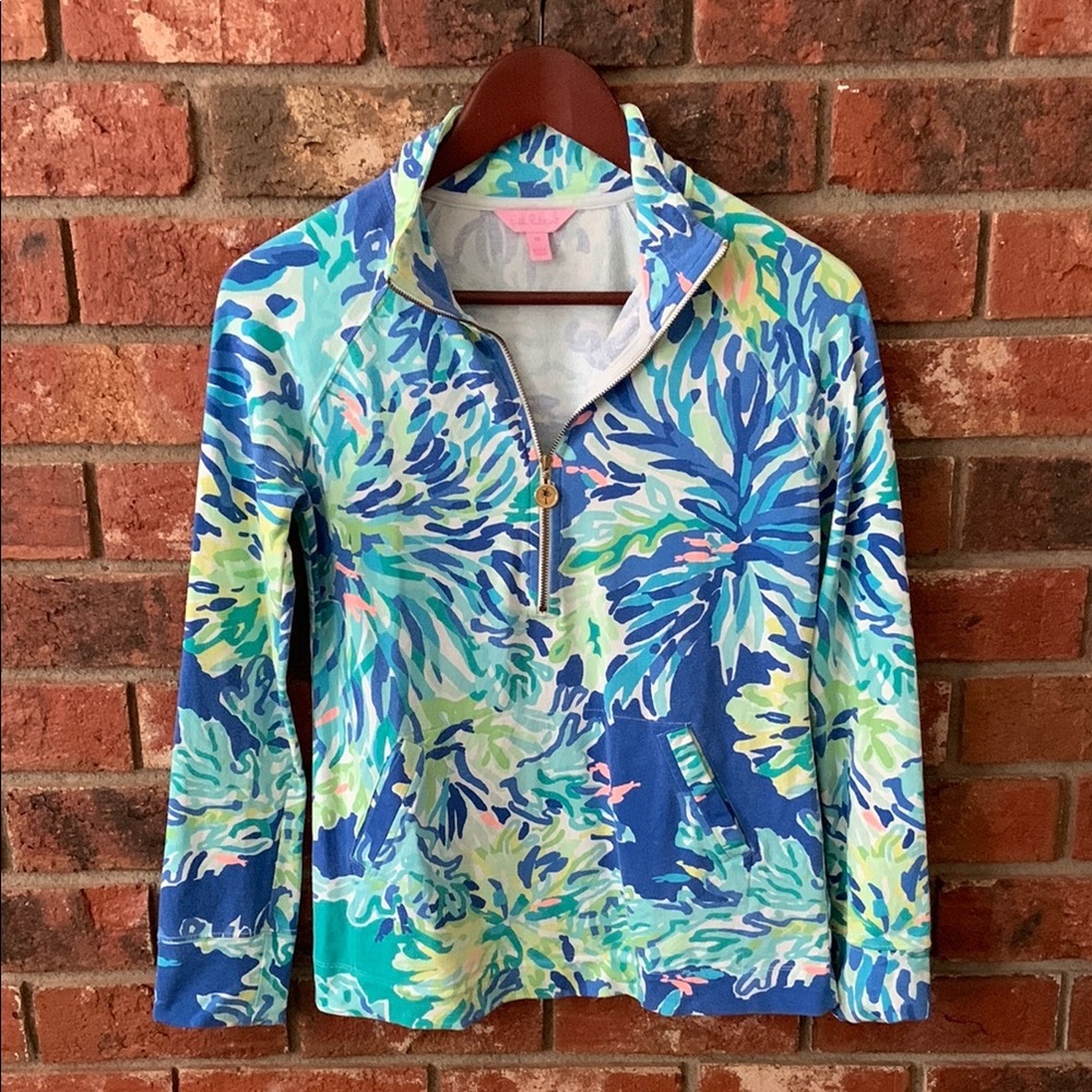 Lilly Pulitzer Blue Floral Print Jacket Half Zip Popover